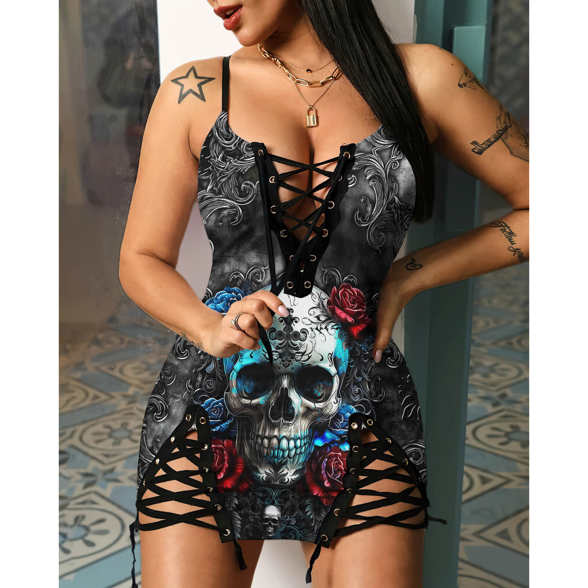 Express your personal style with the Hot Gothic Dress, a timeless piece featuring a unique Watercolor Skull Rose Floral, perfect for enhancing your daily fashion routine.