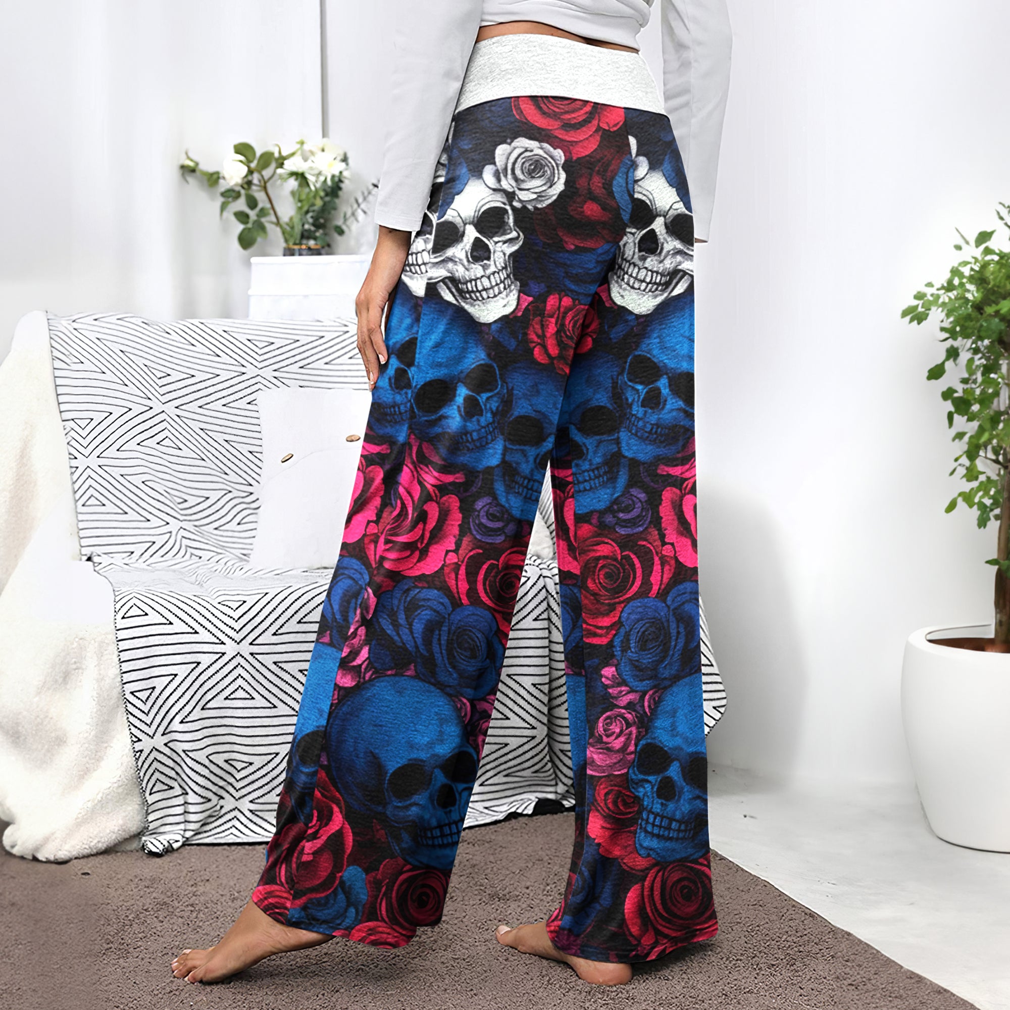 Rebel Rose Skull Pattern Women's High-waisted Wide Leg Pants