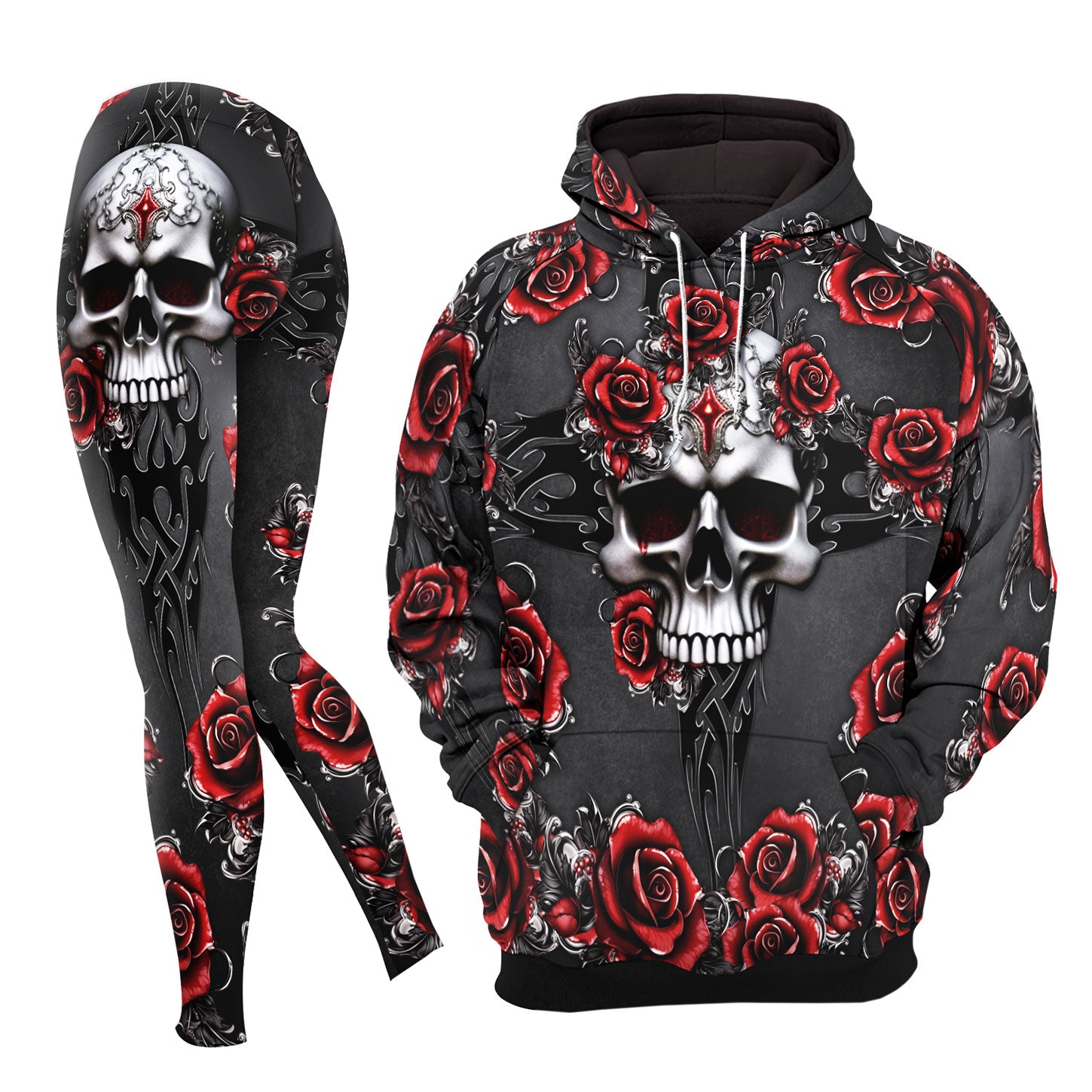 Skull Thorn Rose Gothic Combo Hoodie and Leggings - Dark and edgy matching set with skull designs for a unique and stylish look.