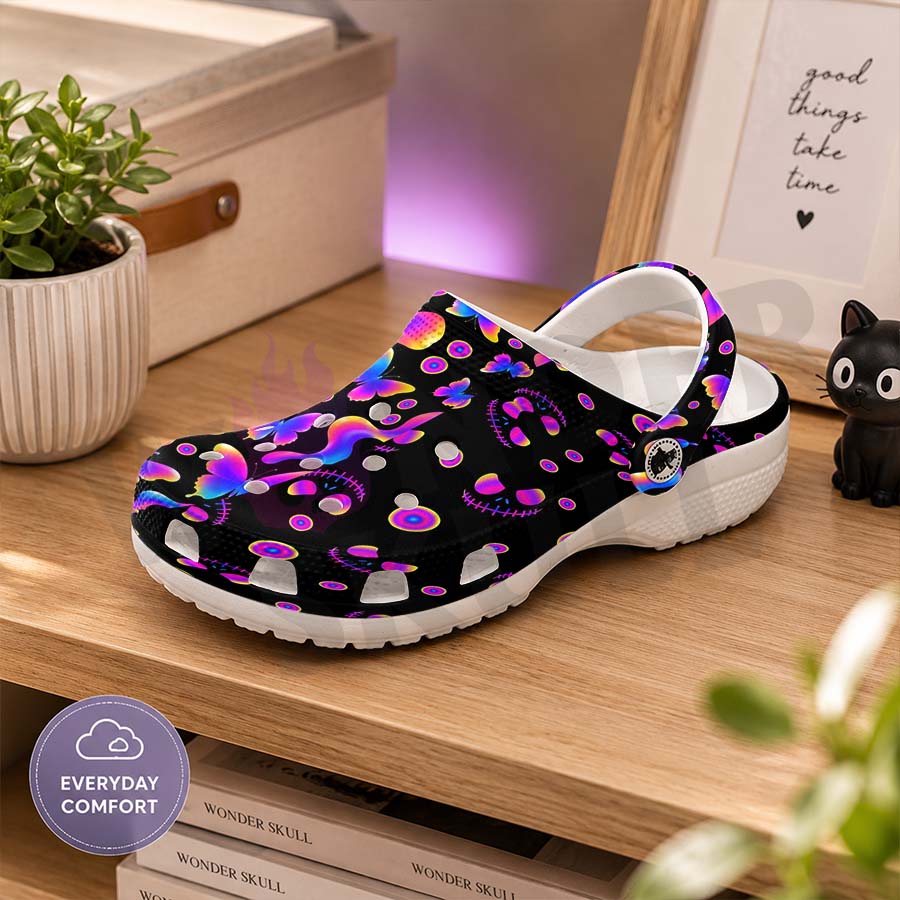 Wonder Skull Lightweight Clog Sandals are designed for all-day comfort. Featuring breathable ventilation holes, a cushioned footbed, and a pivoting heel strap, these versatile unisex clogs are perfect for use at home, outdoors, or at work — whatever your profession may be.