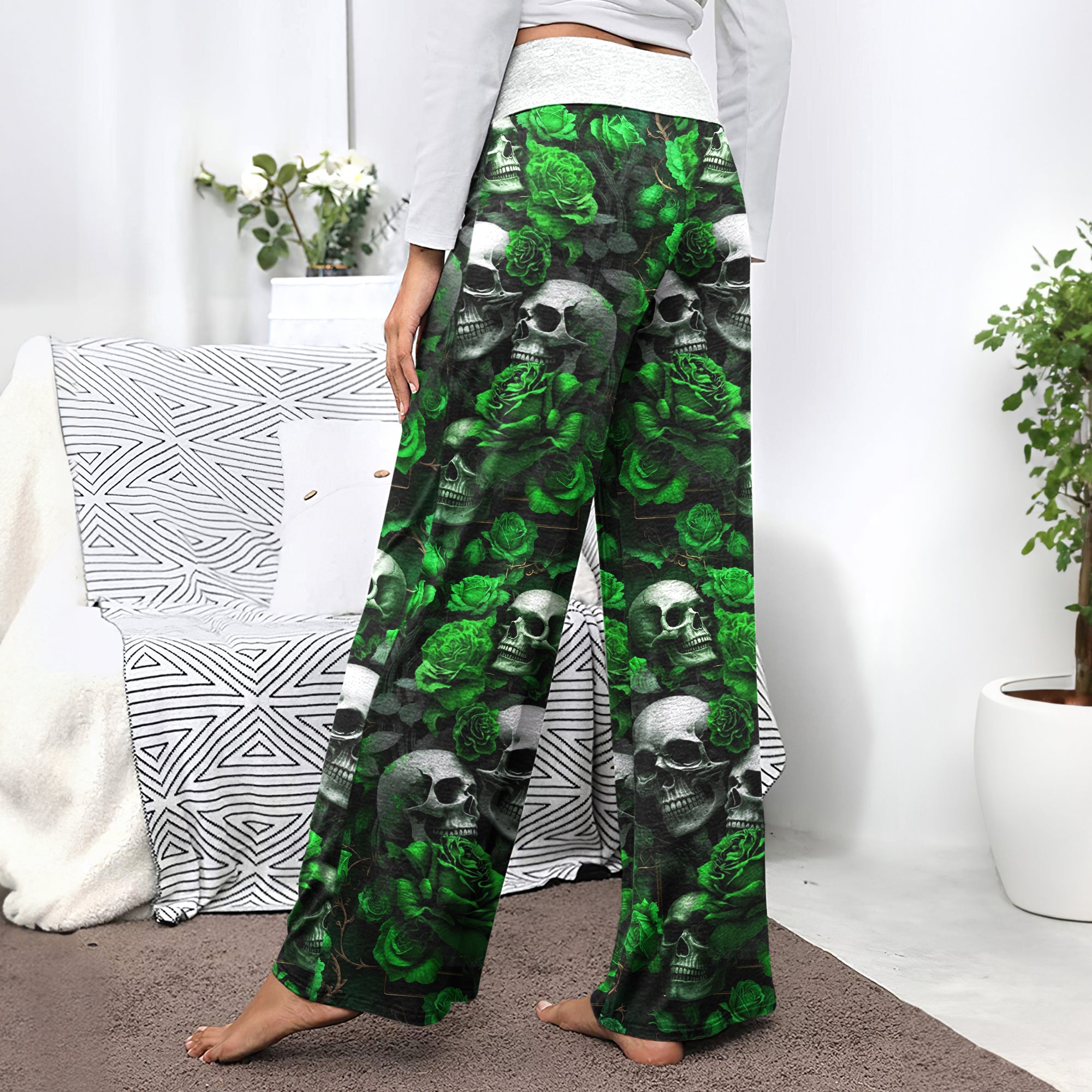 Gothic Skull Verdant Whisper Women's High-waisted Wide Leg Pants