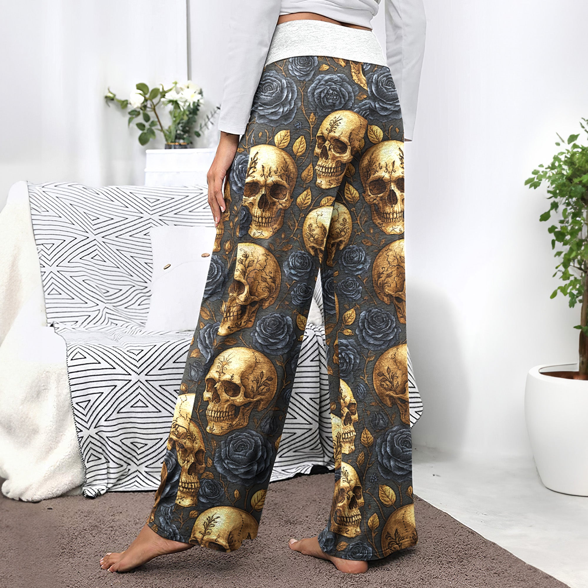 Gold Skull & Black Rose Women's High-waisted Wide Leg Pants