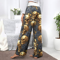 Gold Skull & Black Rose Women's High-waisted Wide Leg Pants