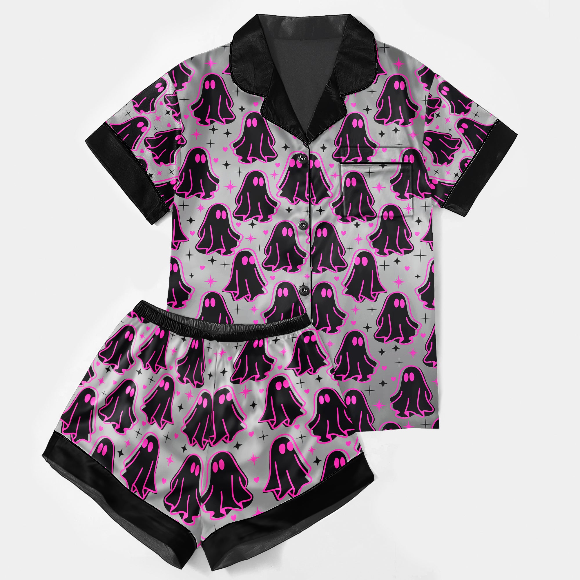 Pink Boo Pattern Women's Pajama Sets Top Sleeve & Short Bottom