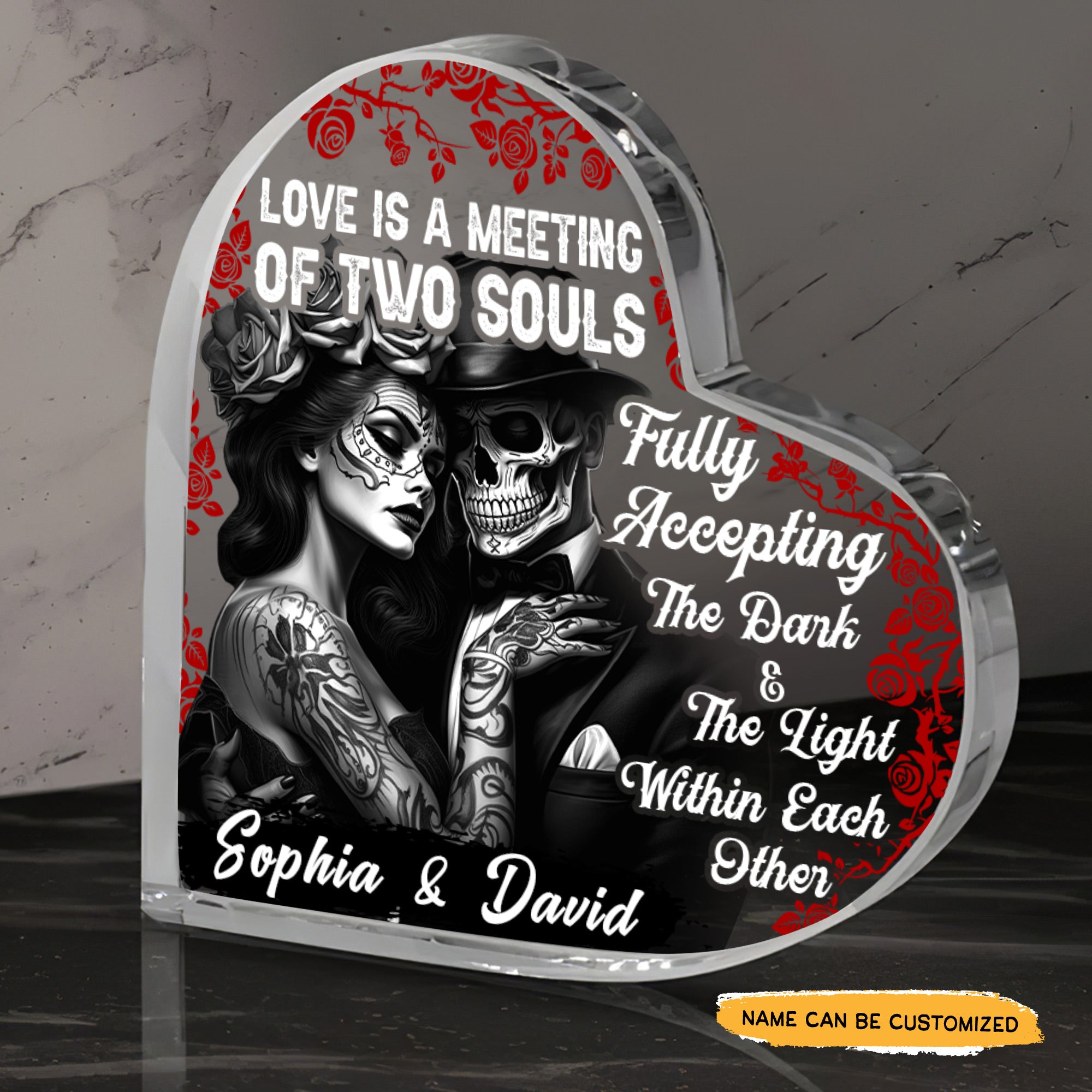 Love Is Meeting - Customized Skull Couple Crystal Heart Anniversary Gifts