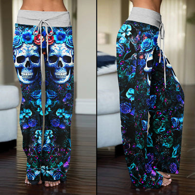 Dark Blue Skull Rose Gothic Women's High-waisted Wide Leg Pants | Wonder Skull
