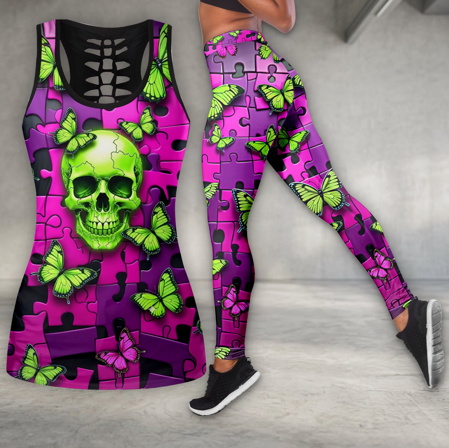 Acid Butterfly Skull Pattern Tanktop and Leggings