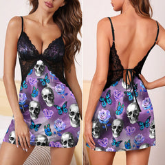 Purple Skull Butterfly Gothic & Punkrock Women's Sleepwear | Lace Cami Dress NightgownsPurple Skull Butterfly Gothic & Punkrock Women's Sleepwear | Lace Cami Dress Nightgowns