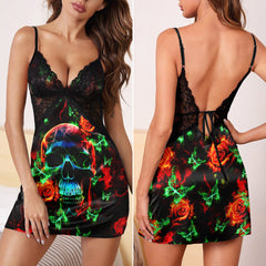 Colorful Skull Rose Butterfly Gothic & Punkrock Women's Sleepwear | Lace Cami Dress Nightgowns