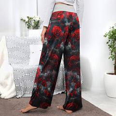 Red Skull Rose Gothic Women's High-waisted Wide Leg Pants