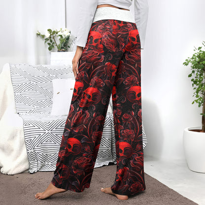 Red Skull & Rose Tapestry Women's High-waisted Wide Leg Pants