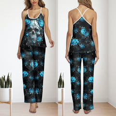 Blue Skull Rose Cami Pajamas Sets For Women Sleepwears Combo