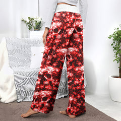Red Skull Orchid Pattern Women's High-waisted Wide Leg Pants