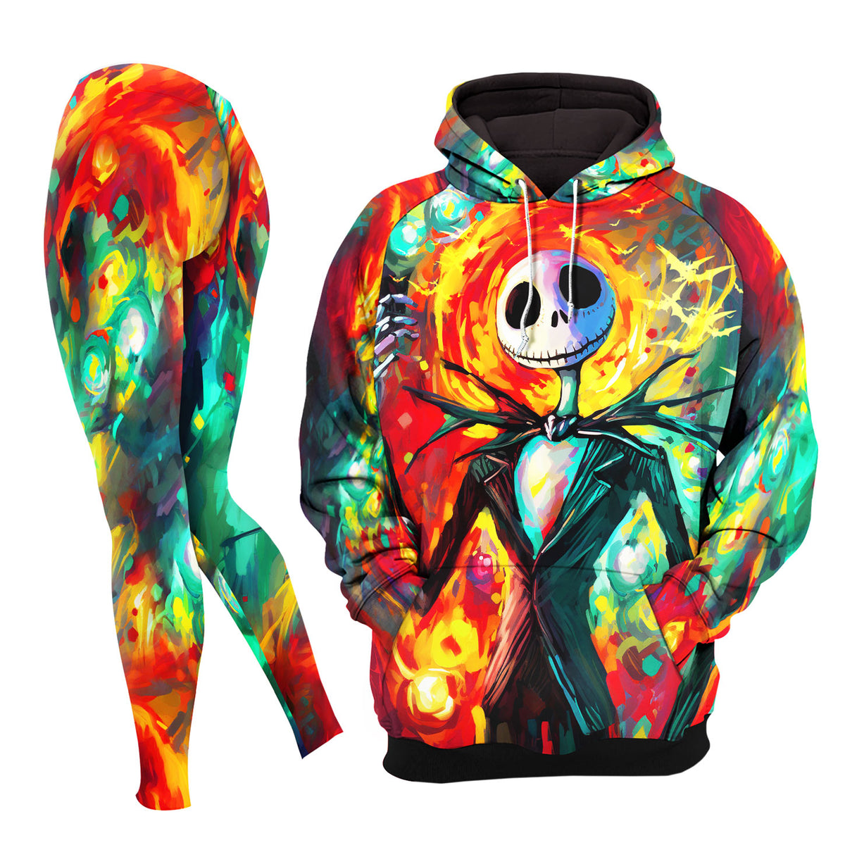 Colorful Paint Nightmare Art Combo Hoodie and Leggings - Dark and edgy matching set with skull designs for a unique and stylish look.