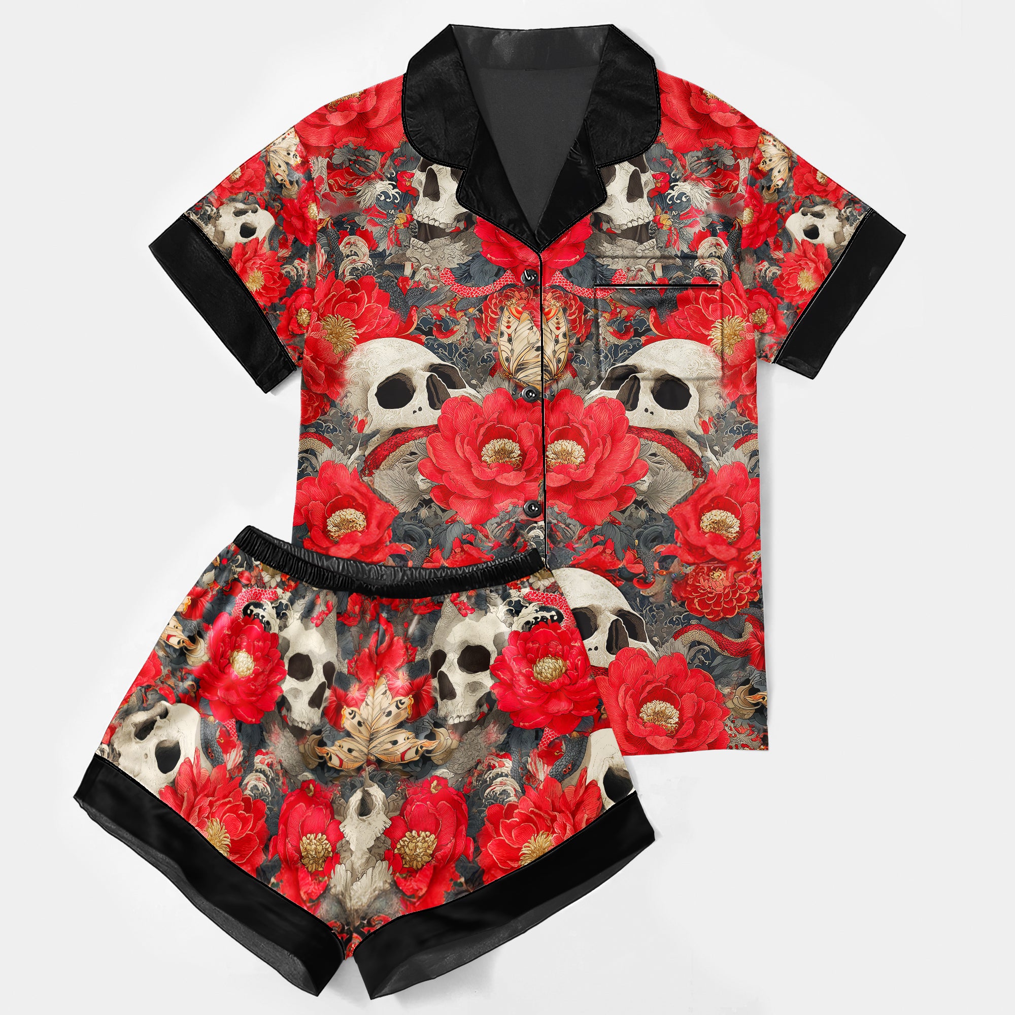 Red Skull Cherry Blossom Women's Pajama Sets Top Sleeve & Short Bottom