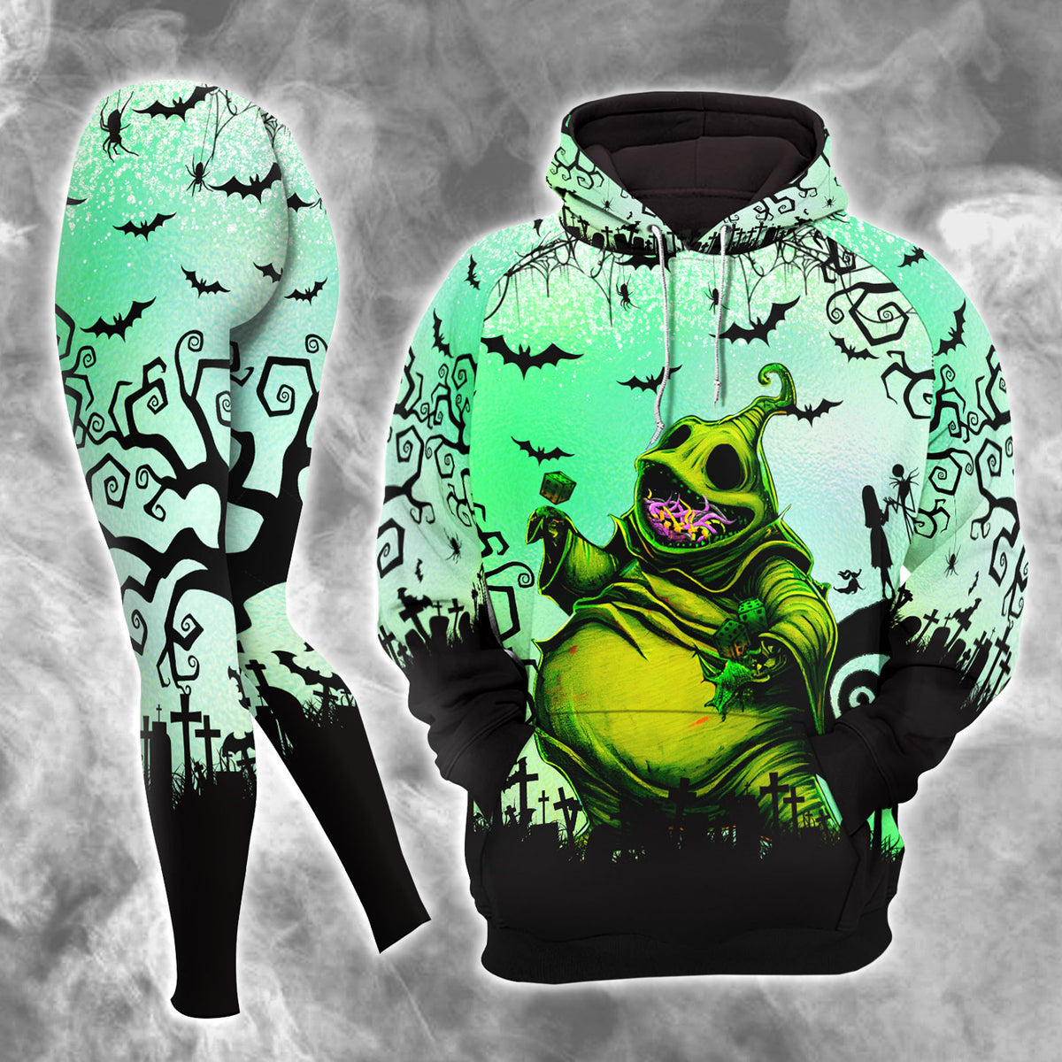 Green Nightmare Theme Art Combo Hoodie and Leggings - Dark and edgy matching set with skull designs for a unique and stylish look