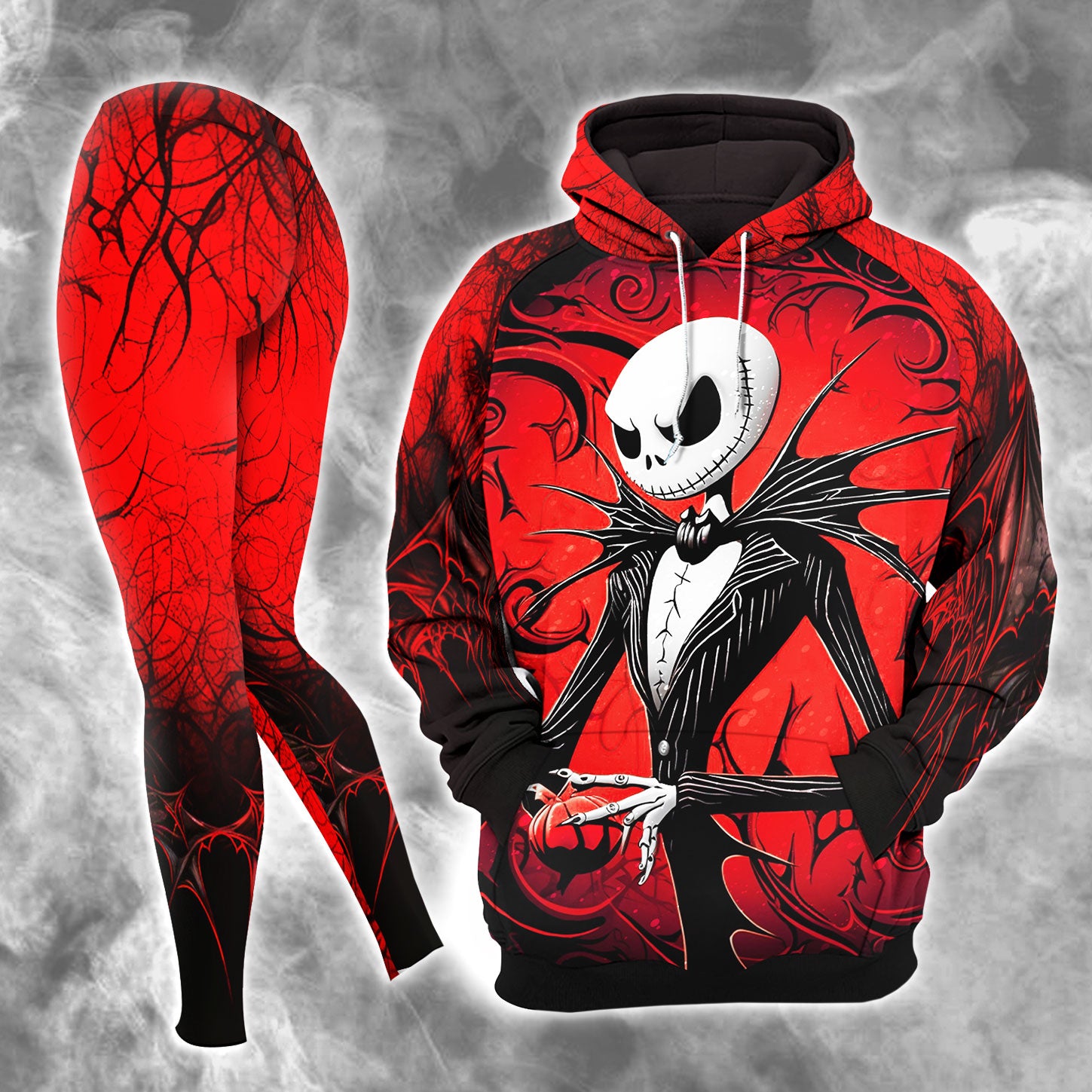 Black Red Nightmare Gothic Combo Hoodie and Leggings - Dark and edgy matching set with skull designs for a unique and stylish look.