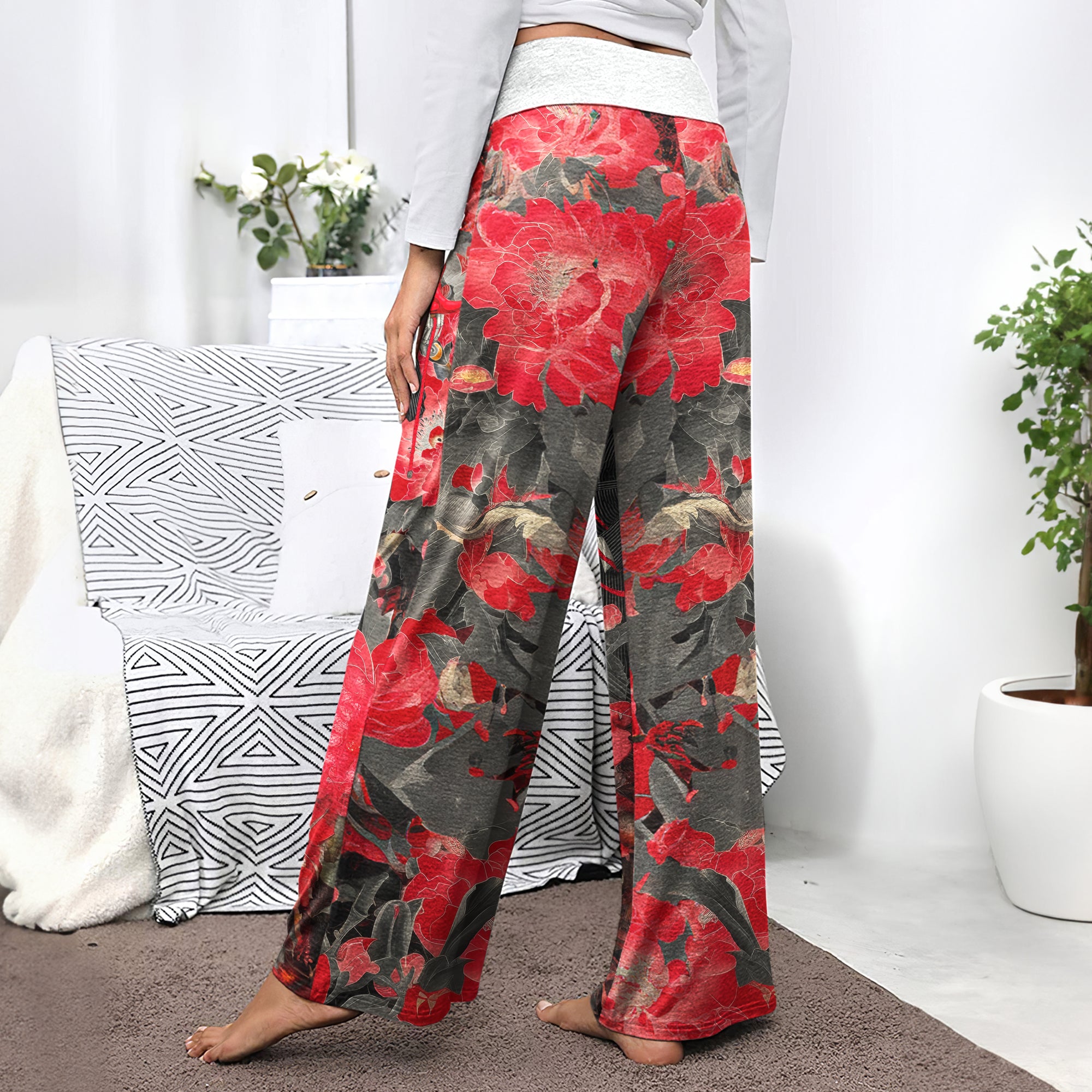 Masked Skeleton Red Bloom Women's High-waisted Wide Leg Pants