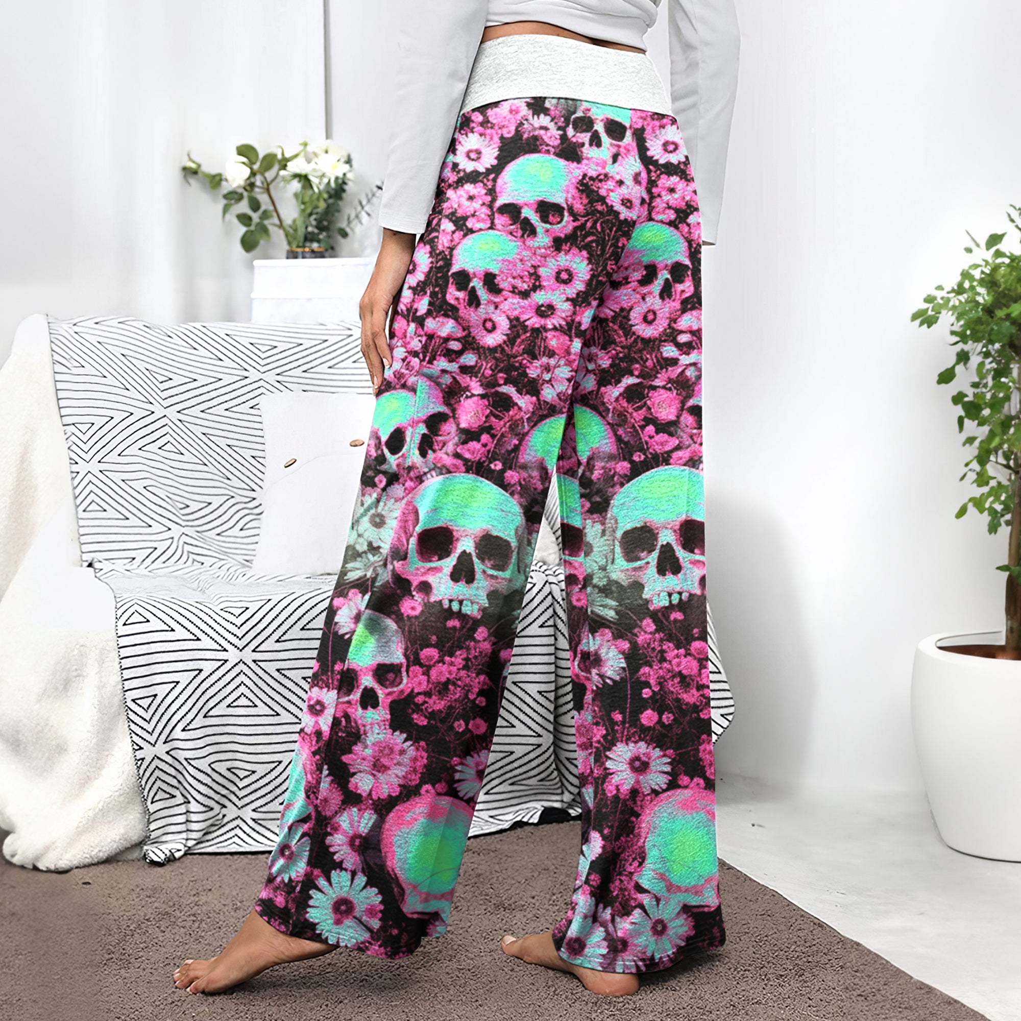 Neon Skull Flower Pattern Women's High-waisted Wide Leg Pants