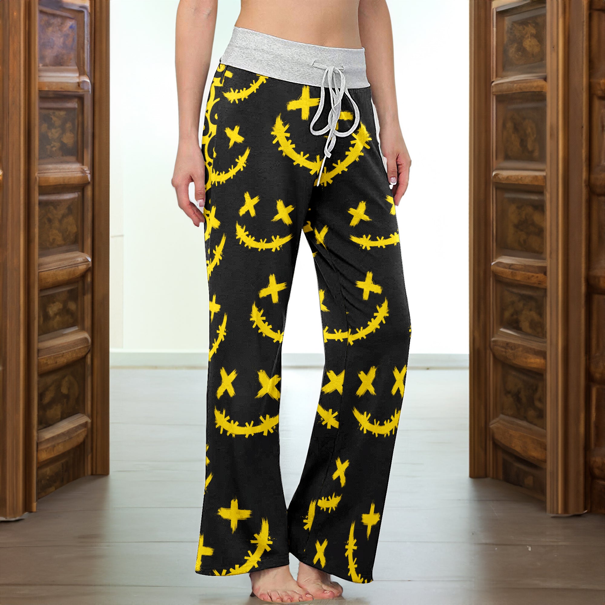 Yellow Stitch Faces Pattern Women's High-waisted Wide Leg Pants