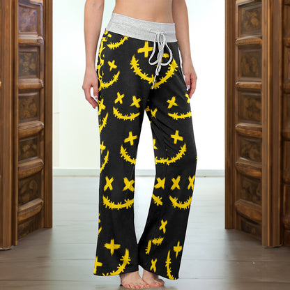 Yellow Stitch Faces Pattern Women's High-waisted Wide Leg Pants