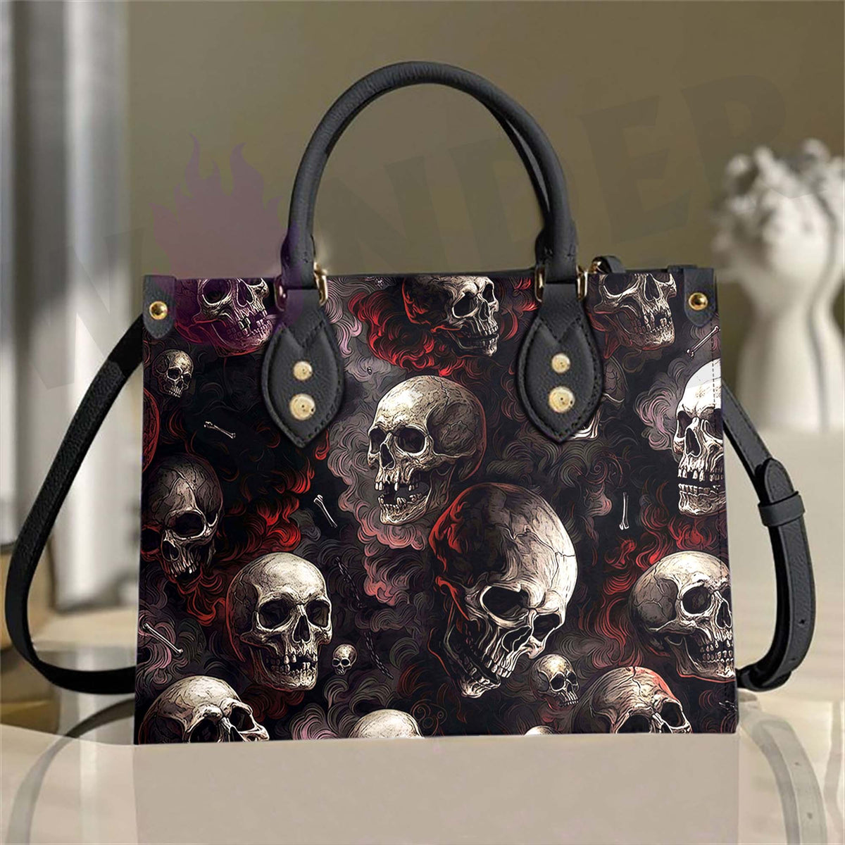 Wonder Skull structured tote bag solves the "I can't find anything in my bag" problem. The roomy interior fits your tablet, phone, wallet, water bottle, umbrella, and cosmetics — without the overstuffed look. Multiple interior pockets keep everything organized, so you're never digging around at checkout. Reinforced rivet corners and quality metal hardware ensure the bag holds up to daily use. Whether you're heading to work, running errands, or catching a flight, this tote keeps you looking put-together.
