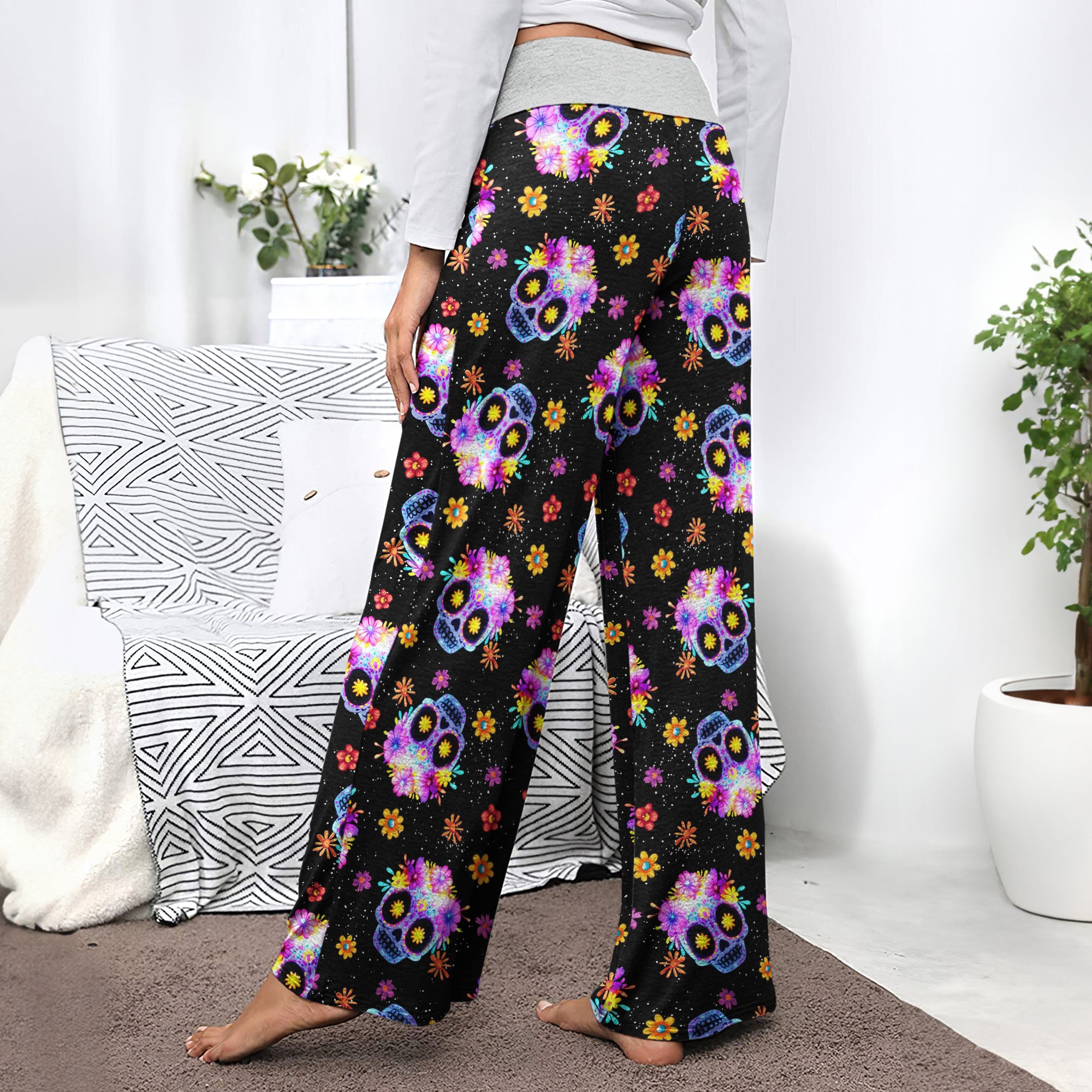 Colorful Skull Flower Pattern Women's High-waisted Wide Leg Pants