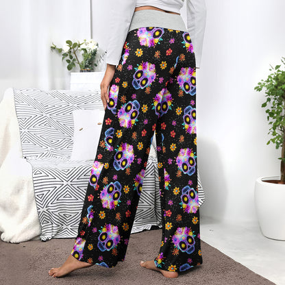 Colorful Skull Flower Pattern Women's High-waisted Wide Leg Pants