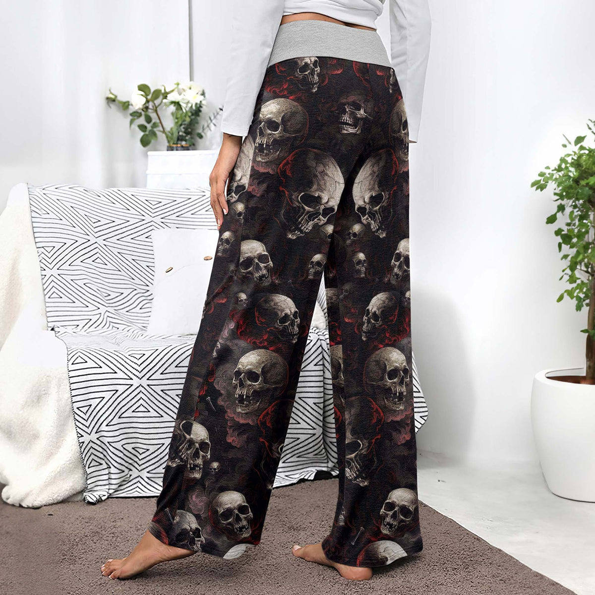 Dark Smoke Skulls Pattern Women's High-waisted Wide Leg Pants