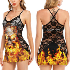 Fire Skull 3D Black Lace Sleepwears Babydol Dresses - Wonder Skull