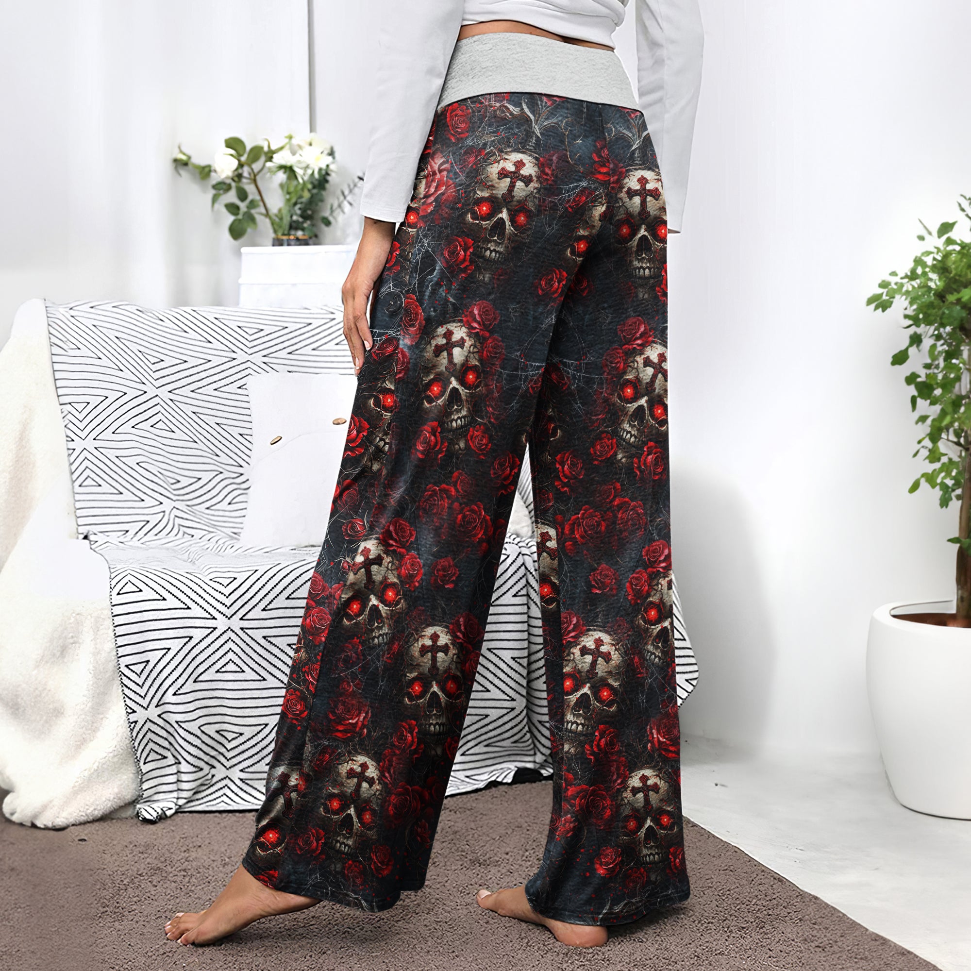 Skull Rose Gothic Pattern Women's High-waisted Wide Leg Pants