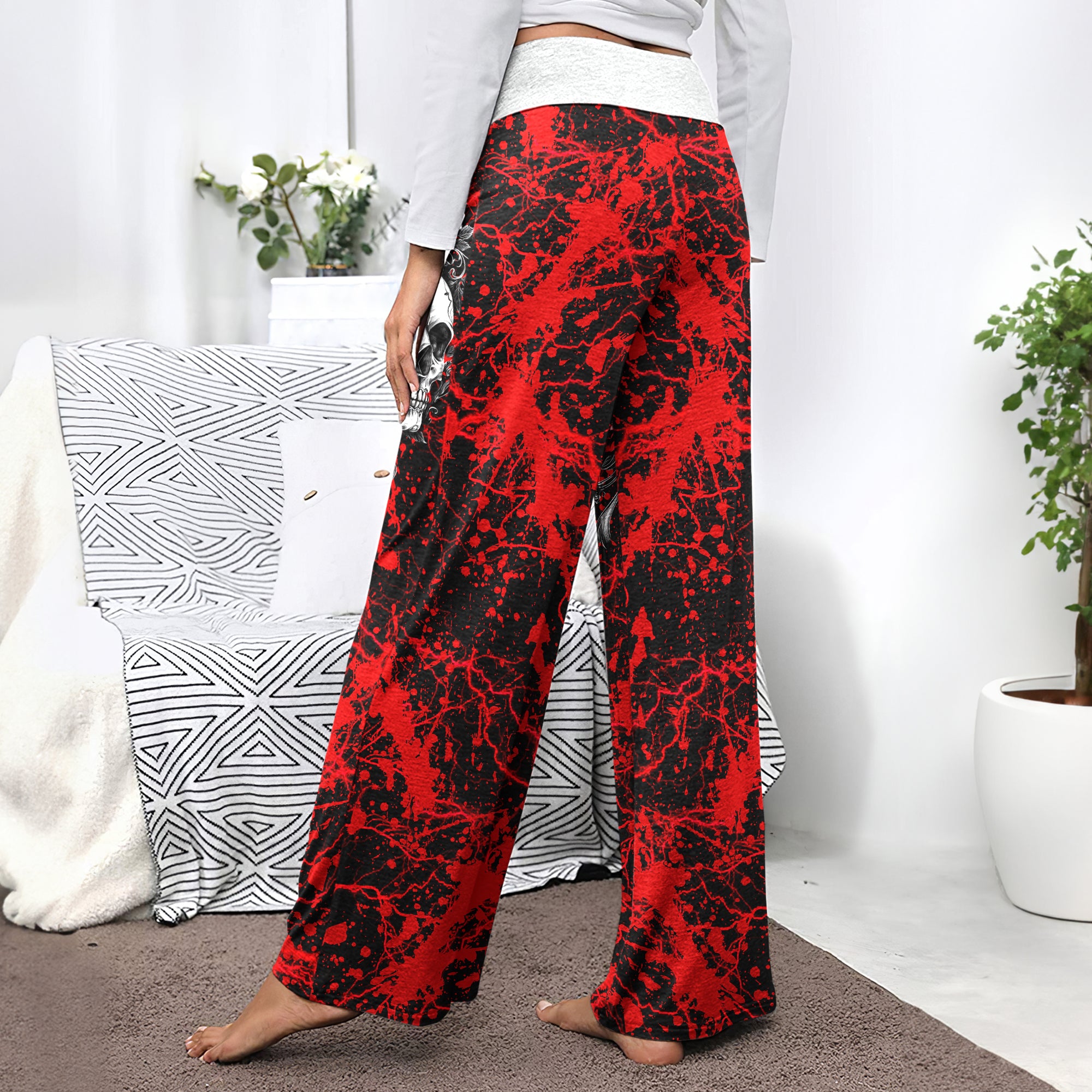 Red Skull Rose Art Women's High-waisted Wide Leg Pants