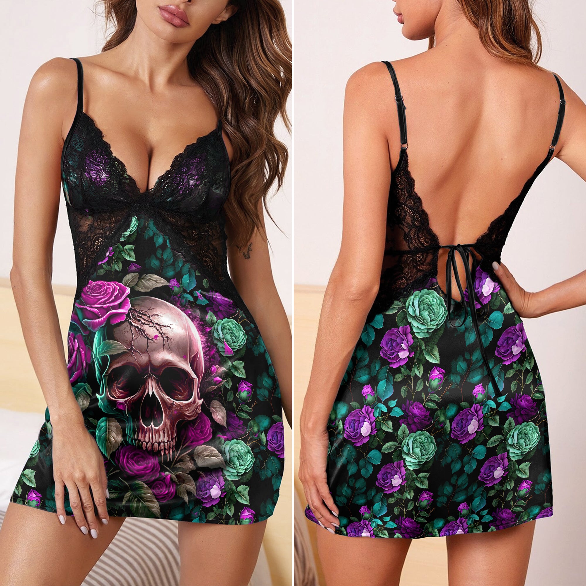 Green Purple Skull Rose Gothic & Punkrock Women's Sleepwear | Lace Cami Dress Nightgowns