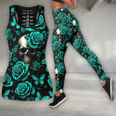 Cyan Skull Rose Pattern Tanktop and Leggings