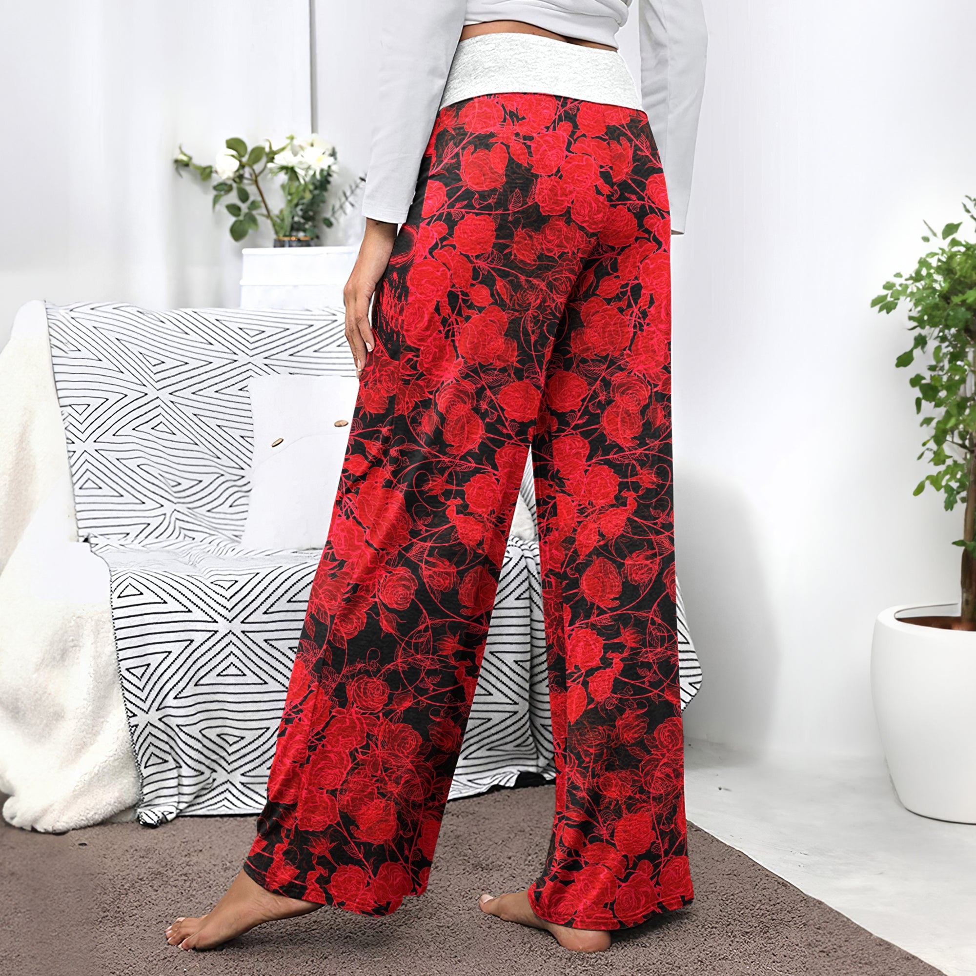 Red Neon Skull Rose Women's High-waisted Wide Leg Pants