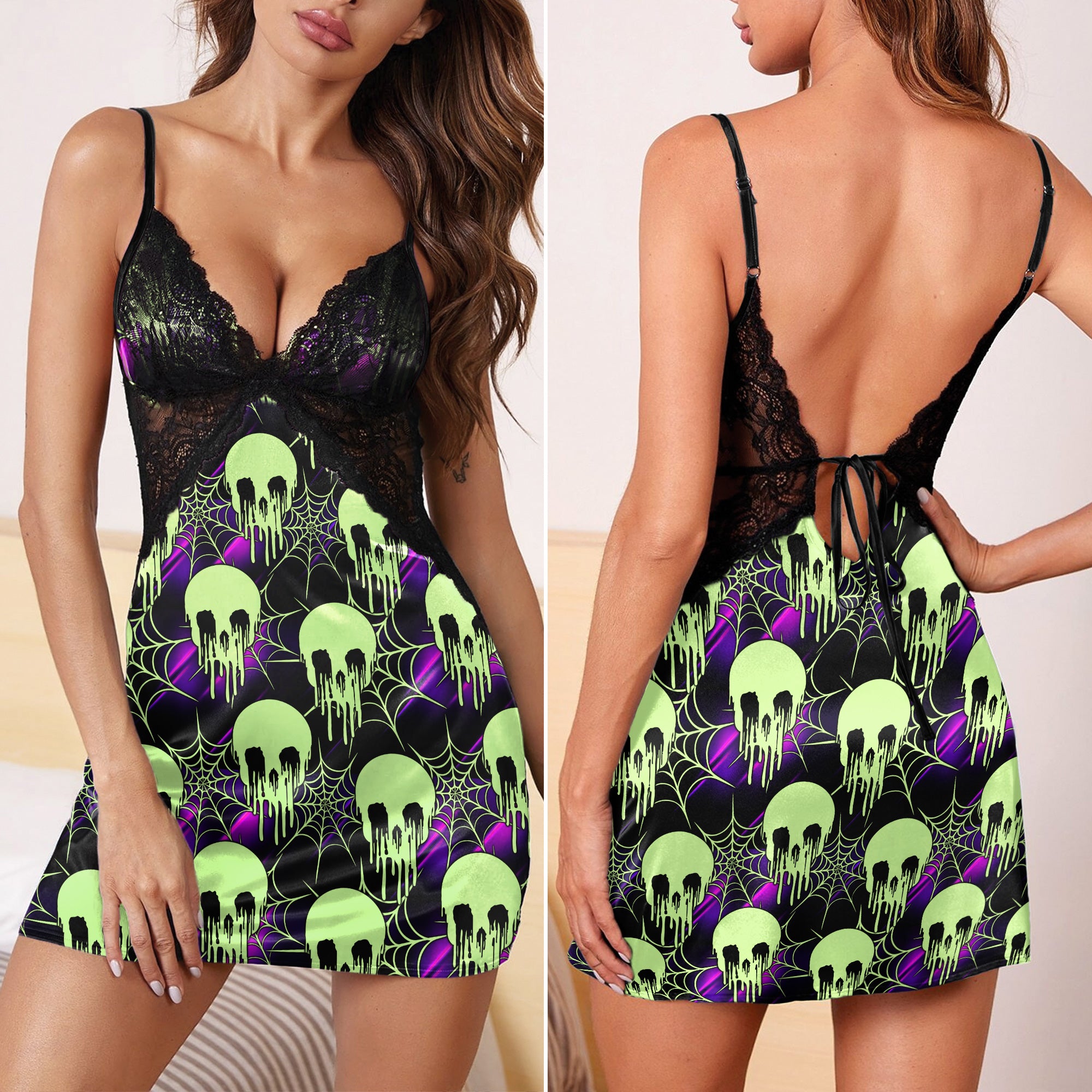 Green Skull Melting Spider Gothic & Punkrock Women's Sleepwear | Lace Cami Dress Nightgowns