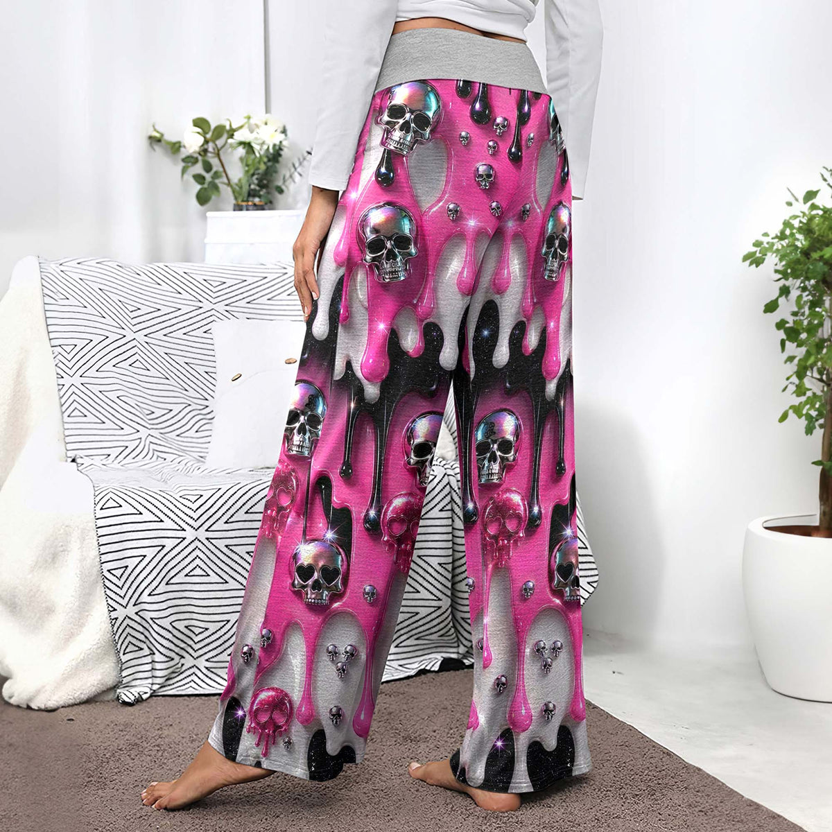 Pink Metallic Skull Lust Women's High-waisted Wide Leg Pants