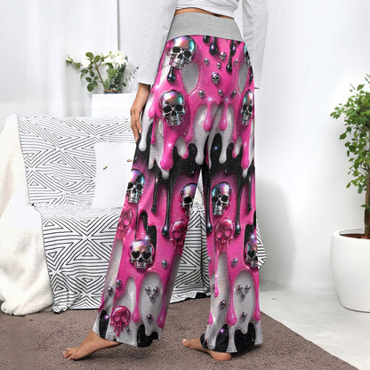 Pink Metallic Skull Lust Women's High-waisted Wide Leg Pants