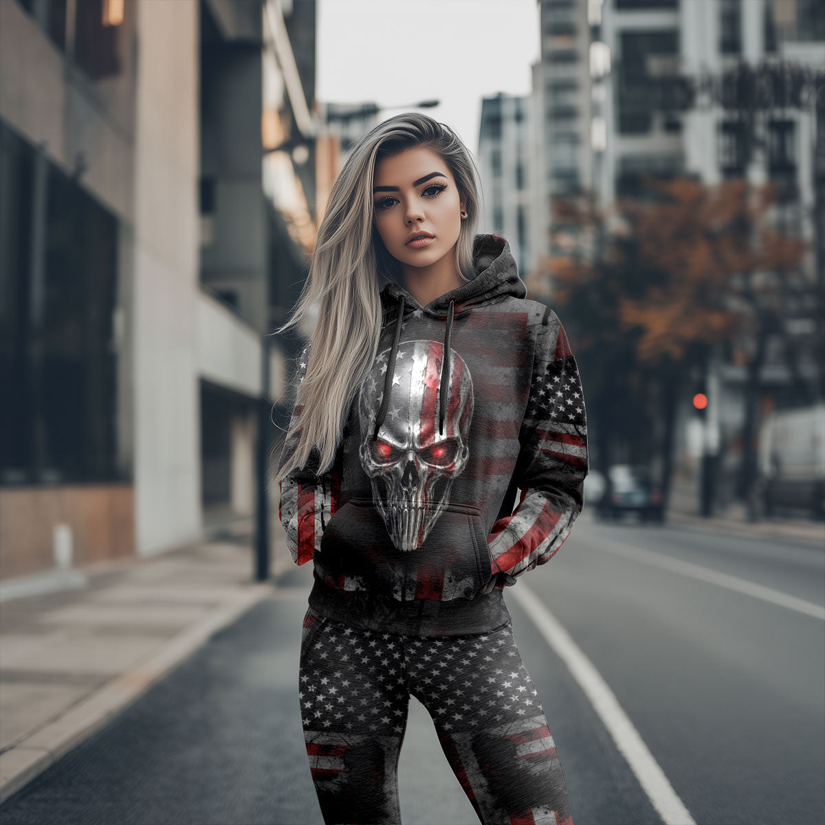 Women Hoodie and Leggings, Shadow Patriot Metallic Skull Outwear Pants Outfit