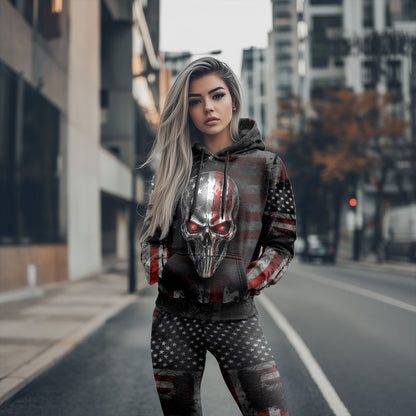 Women Hoodie and Leggings, Shadow Patriot Metallic Skull Outwear Pants Outfit