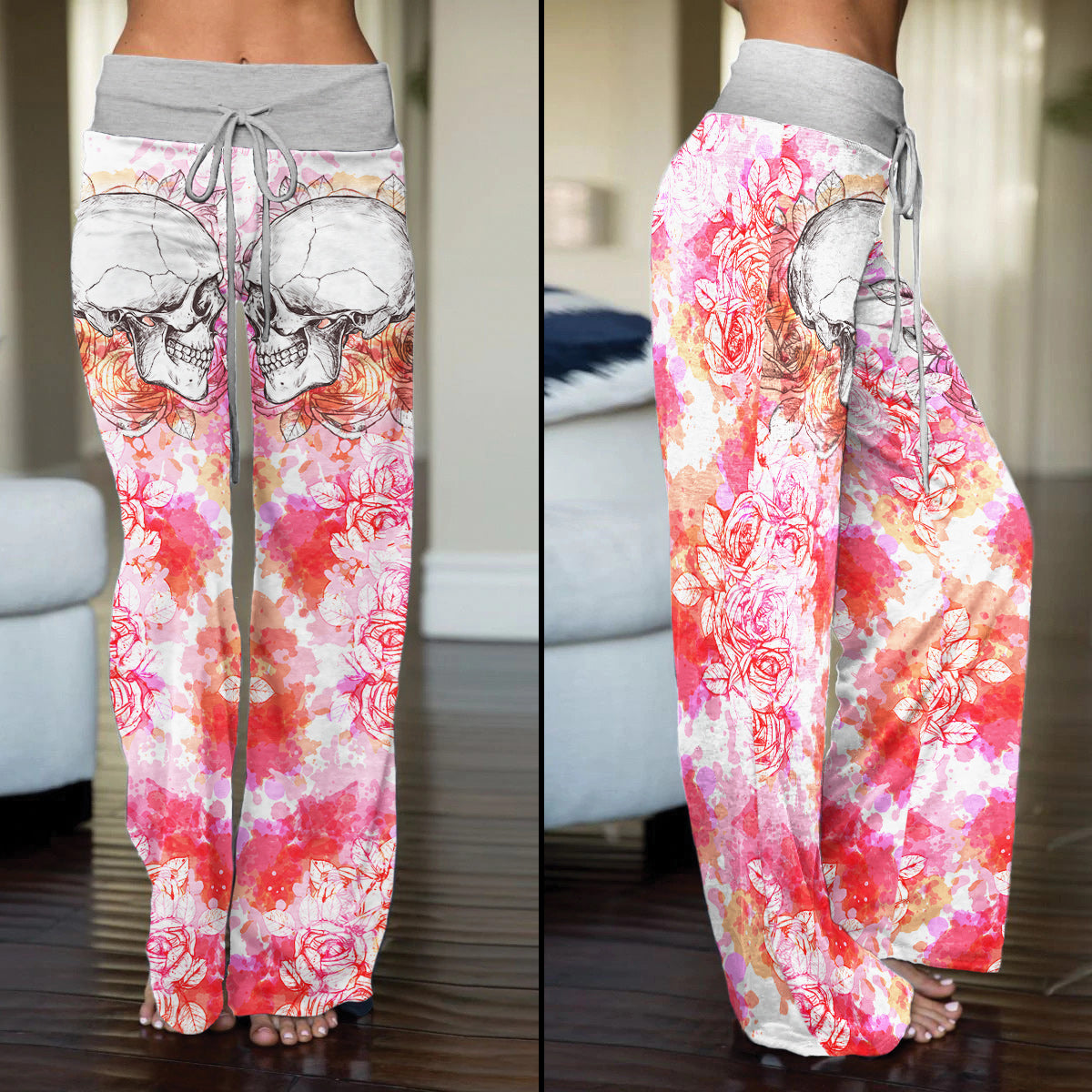 Pink Floral Skull Women's High-waisted Wide Leg Pants | Wonder Skull