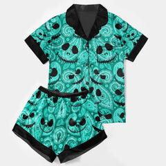 Cyan Paisley Face Women's Pajama Sets Top Sleeve & Short Bottom