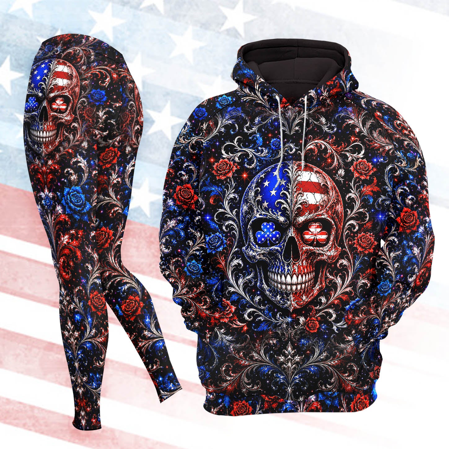Women Hoodie and Leggings, Patriotic Damask Skull Outwear Pants Outfit