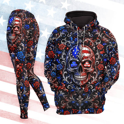 Women Hoodie and Leggings, Patriotic Damask Skull Outwear Pants Outfit