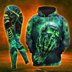 Women Hoodie and Leggings, Green Flaming Skull Outwear Pants Outfit