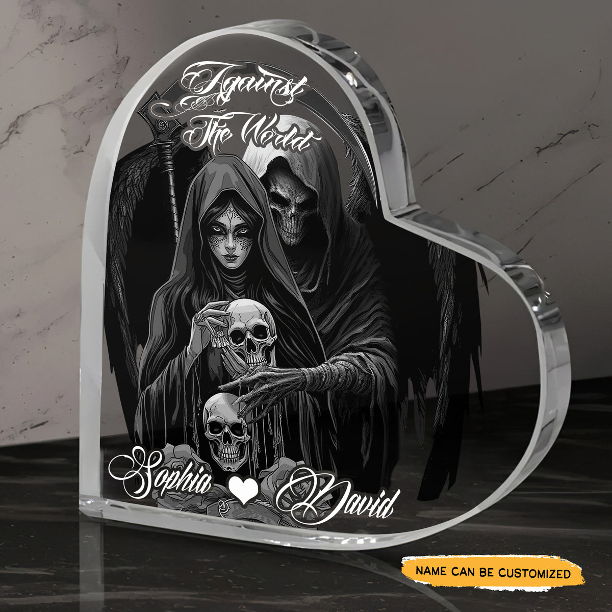 Against Still End - Customized Skull Couple Crystal Heart Anniversary Gifts