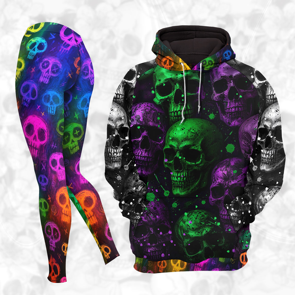 Women Hoodie and Leggings, Graffiti Splatter Skulls Outwear Pants Outfit