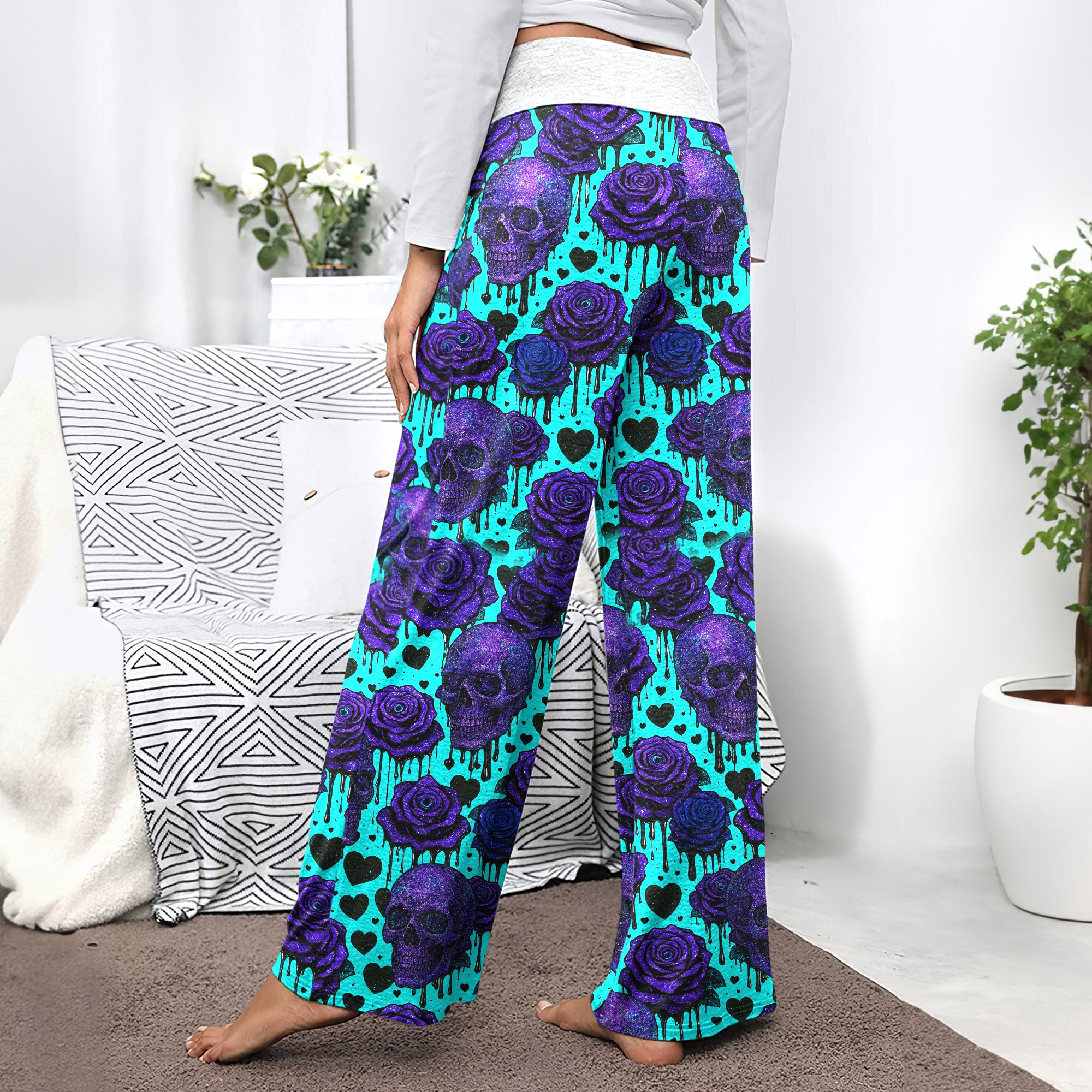 Neon Skull Rose Melting Women's High-waisted Wide Leg Pants