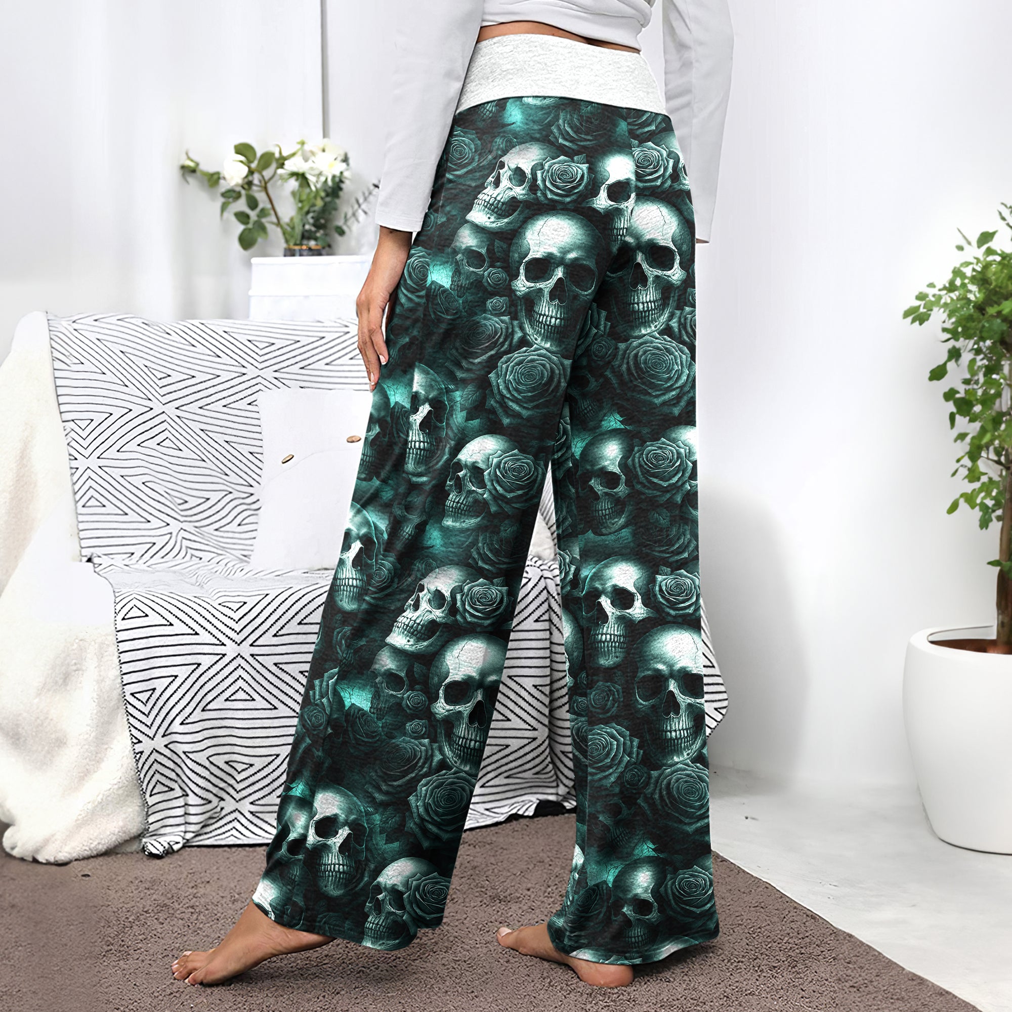Dark Skull Rose Pattern Women's High-waisted Wide Leg Pants