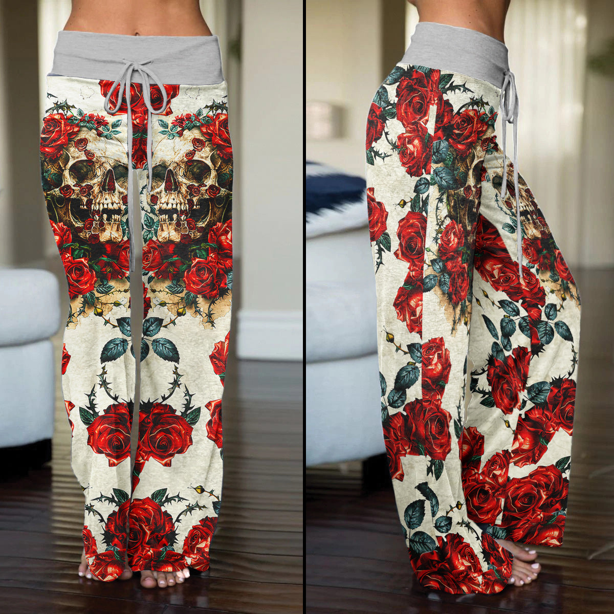 Retro Skull Roses Women's High-waisted Wide Leg Pants | Wonder Skull